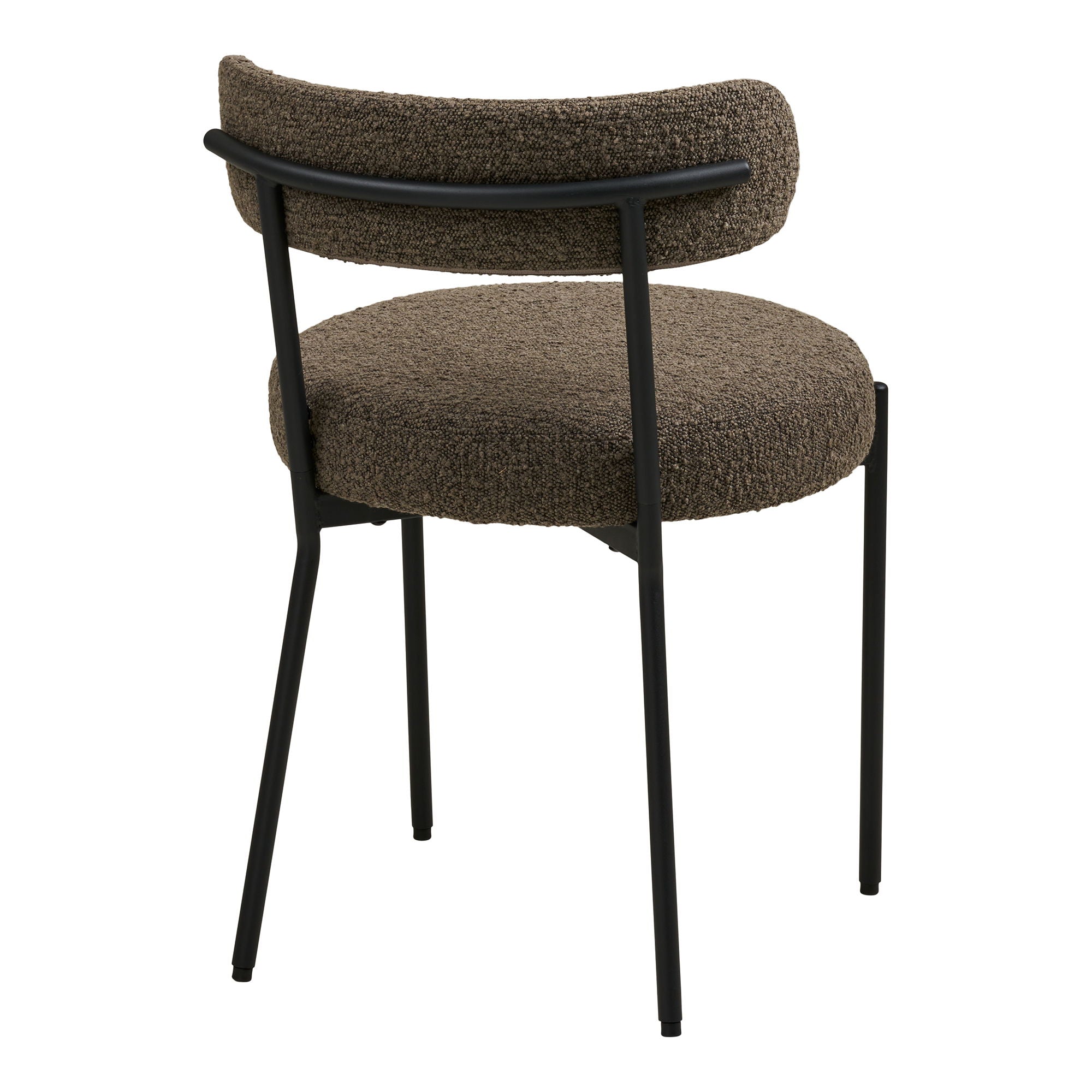 Achteraanzicht van de Badalona eetkamerstoel met bruine bouclé bekleding en zwarte metalen poten, modern Scandinavisch design van House Nordic.