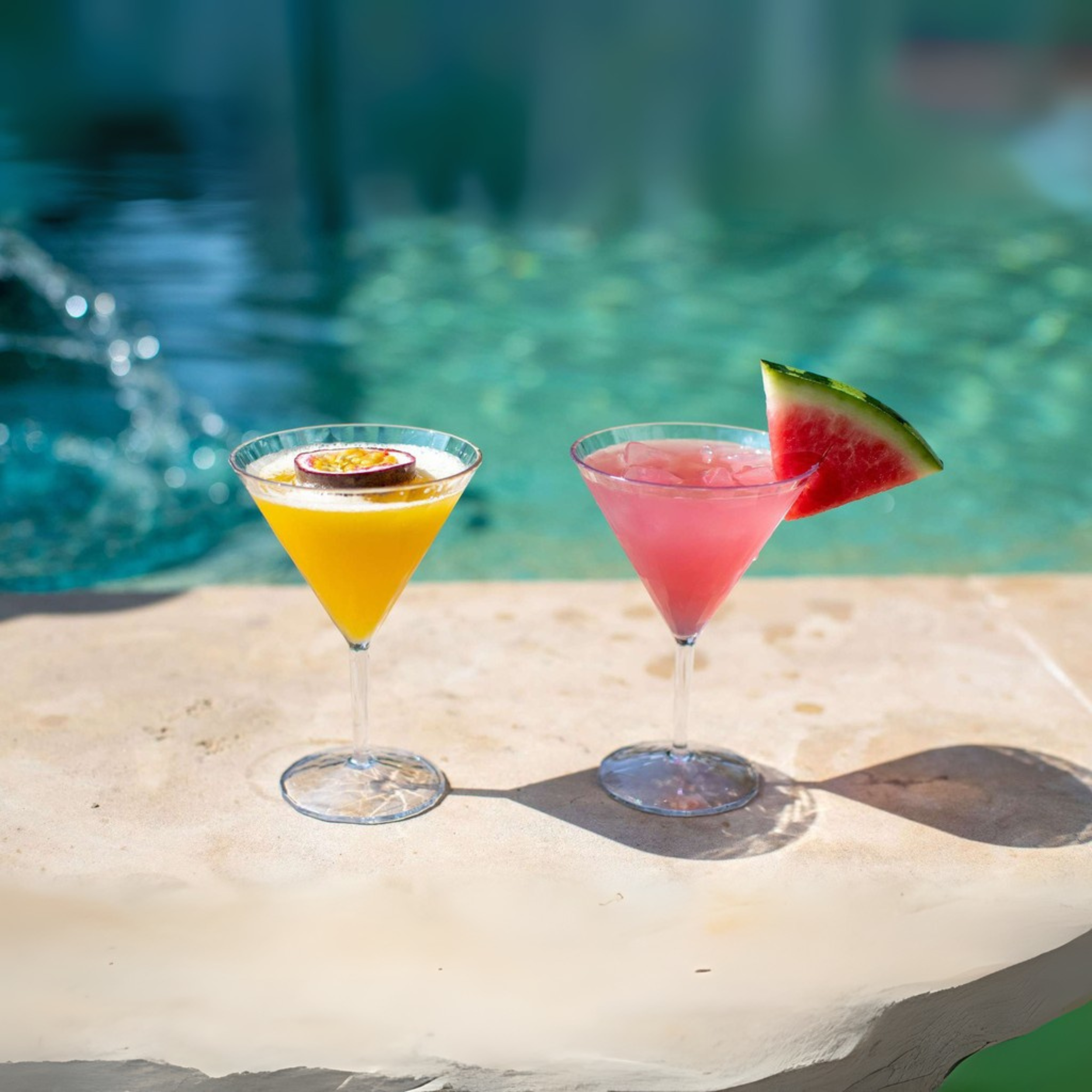 Twee Koziol Superglas Club No. 12 cocktailglazen met kleurrijke cocktails bij het zwembad – stijlvol en duurzaam.