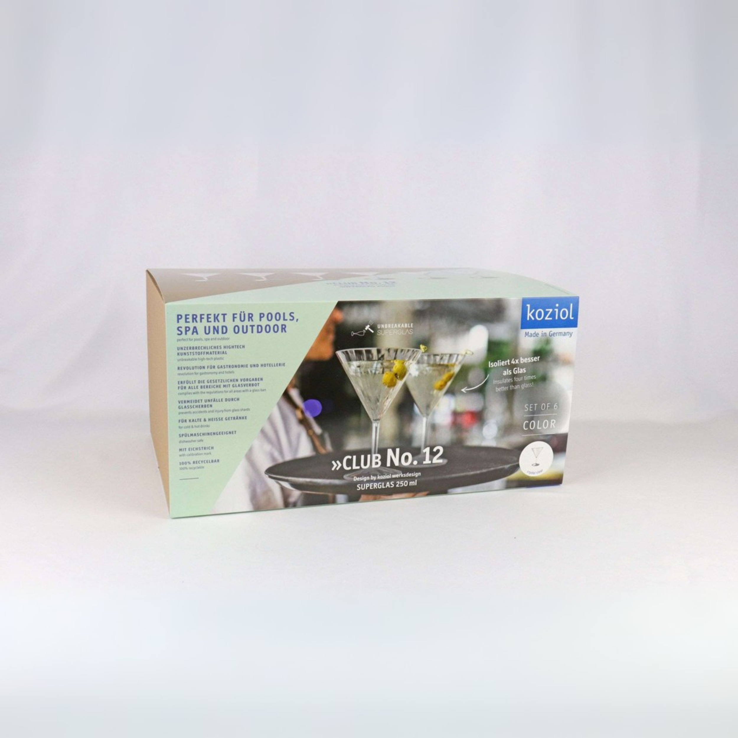 Verpakking van Koziol Superglas Club No. 12 cocktailglazen – set van 6 duurzame en breukvrije glazen van 250 ml.