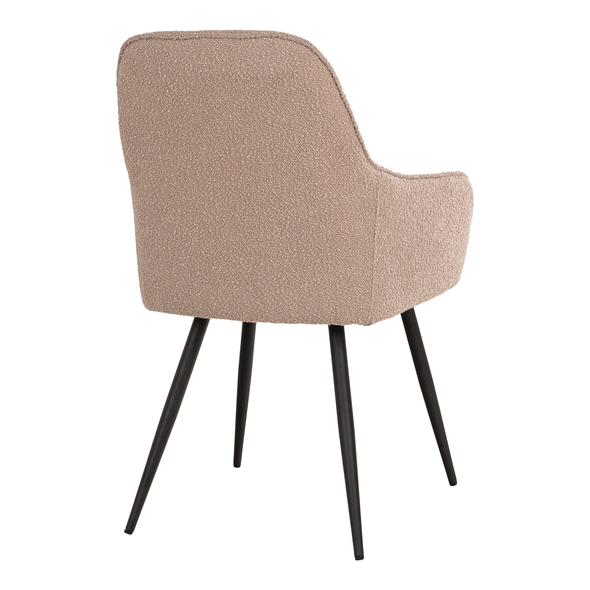 Achterkant van de Harbo eetkamerstoel in beige bouclé met zwarte metalen poten, stijlvol Scandinavisch design van House Nordic.
