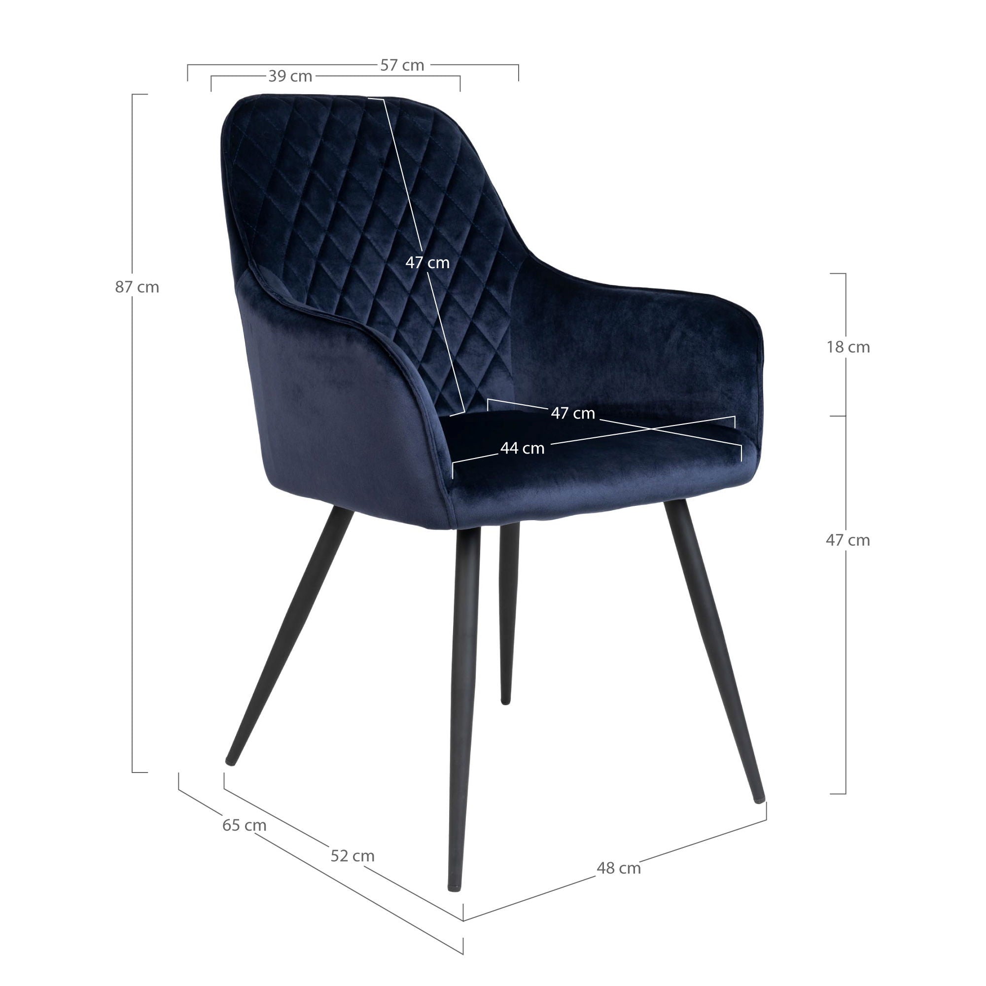 Harbo eetkamerstoel in donkerblauw velvet met zwarte metalen poten – productfoto met afmetingen en ergonomisch design van House Nordic.