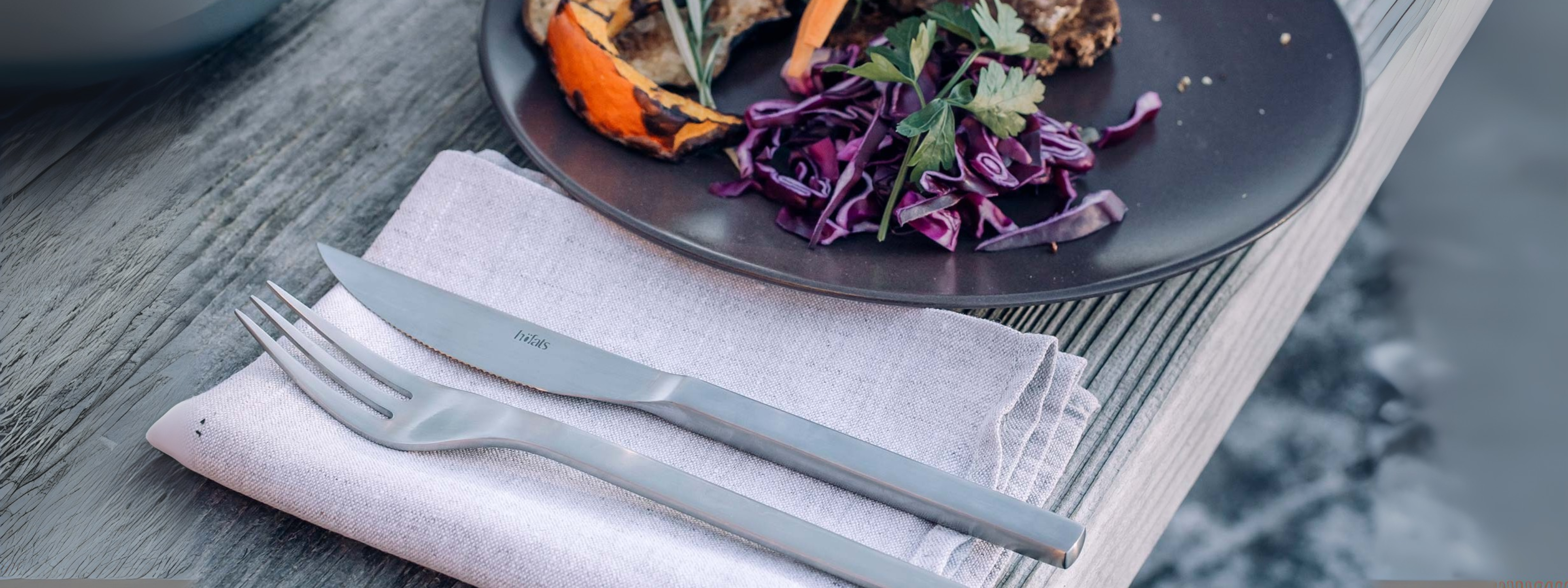 Höfats steakbestekset 8-delig van roestvrijstaal, mes en vork stijlvol gepresenteerd op linnen servet naast een dinerbord met gegrilde groenten en rode kool.