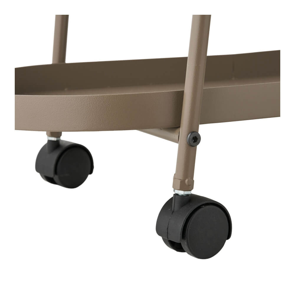 Detail van de wielen van de House Nordic Empoli serveerwagen in bruin staal – stevige draaibare wielen voor eenvoudig verplaatsen.