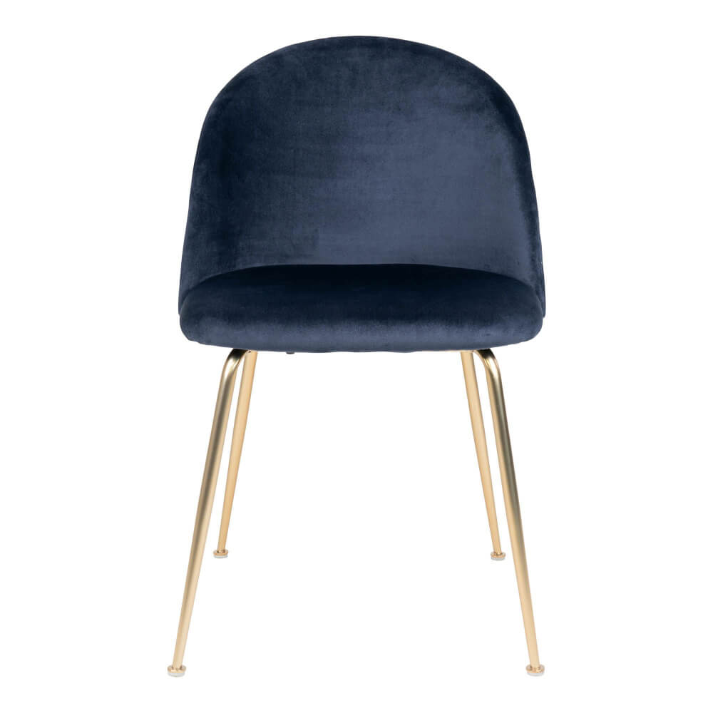Vooraanzicht van de House Nordic Geneve eetkamerstoel in donkerblauw velvet met gouden poten – elegante designstoel, set van 2.