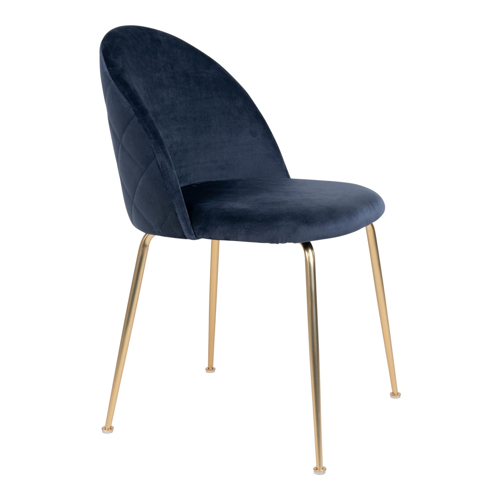 Zijaanzicht van de House Nordic Geneve eetkamerstoel in donkerblauw velvet met gouden poten – luxueus design met gebogen rugleuning.
