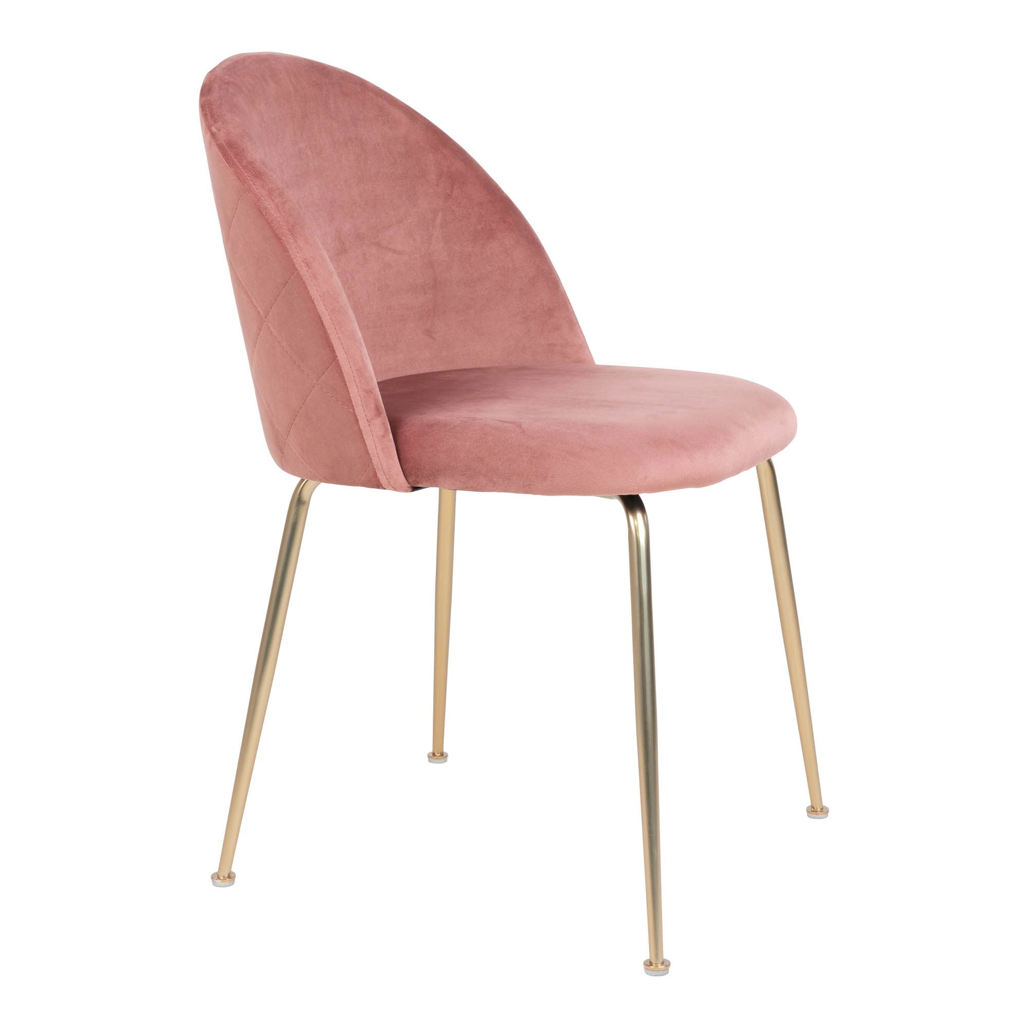 Zijaanzicht van de House Nordic Geneve eetkamerstoel in roze velvet met gouden poten – luxueus design met gebogen rugleuning.
