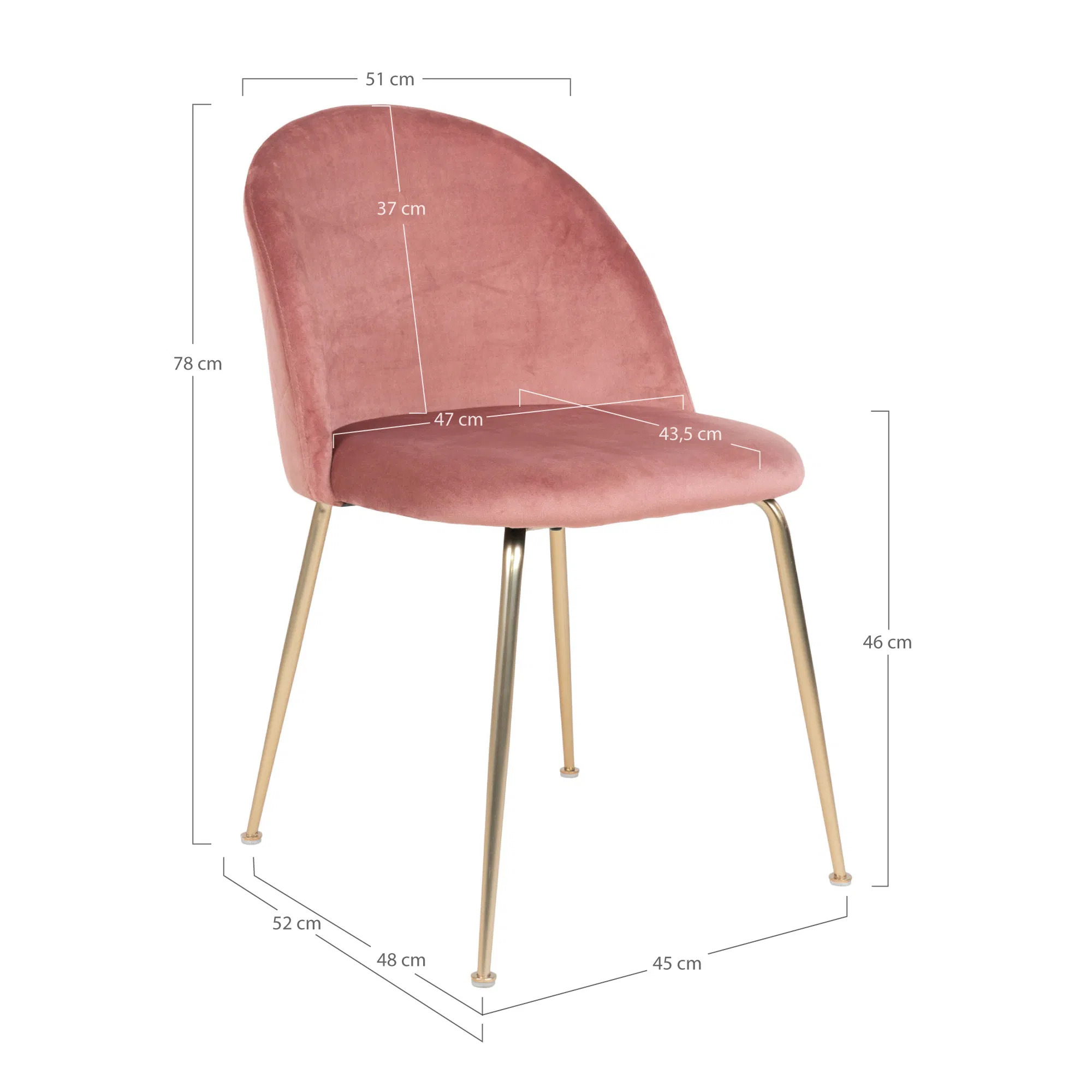Afmetingen van de House Nordic Geneve eetkamerstoel in roze velvet met gouden poten, inclusief hoogte, breedte en diepte in centimeters.
