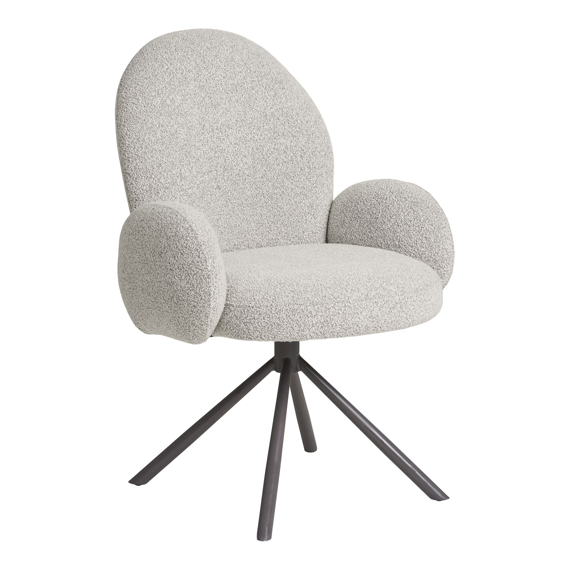 House Nordic Lana eetkamerstoel met armleuningen in zandkleurige bouclé stof en grijze metalen poten, draaibaar design.