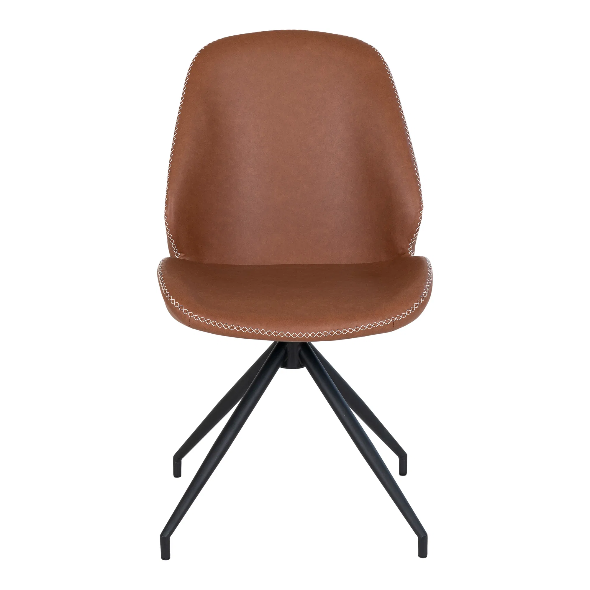 Vooraanzicht van de Monte Carlo eetkamerstoel van House Nordic in bruin PU-leer met zwarte metalen poten en draaifunctie.