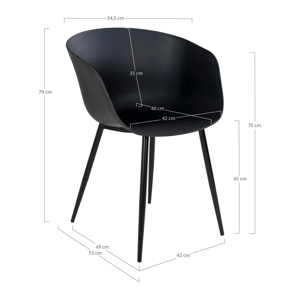 Afmetingen van de zwarte House Nordic Roda eetkamerstoel – breedte 54,5 cm, hoogte 79 cm, zithoogte 45 cm – modern Scandinavisch design.