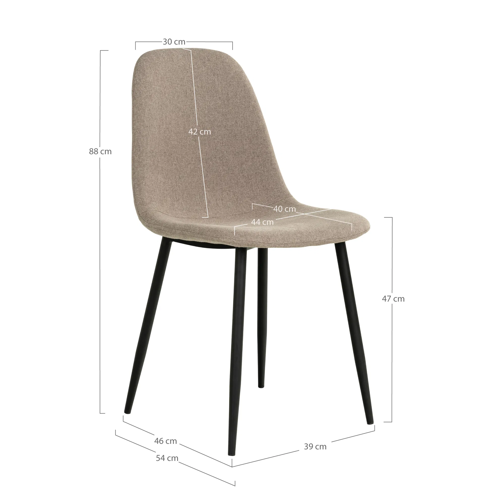 Afbeelding met afmetingen van de House Nordic Stockholm eetkamerstoel in steenkleurige polyester stof met zwarte metalen poten – hoogte 88 cm, zitdiepte 40 cm, zithoogte 47 cm.