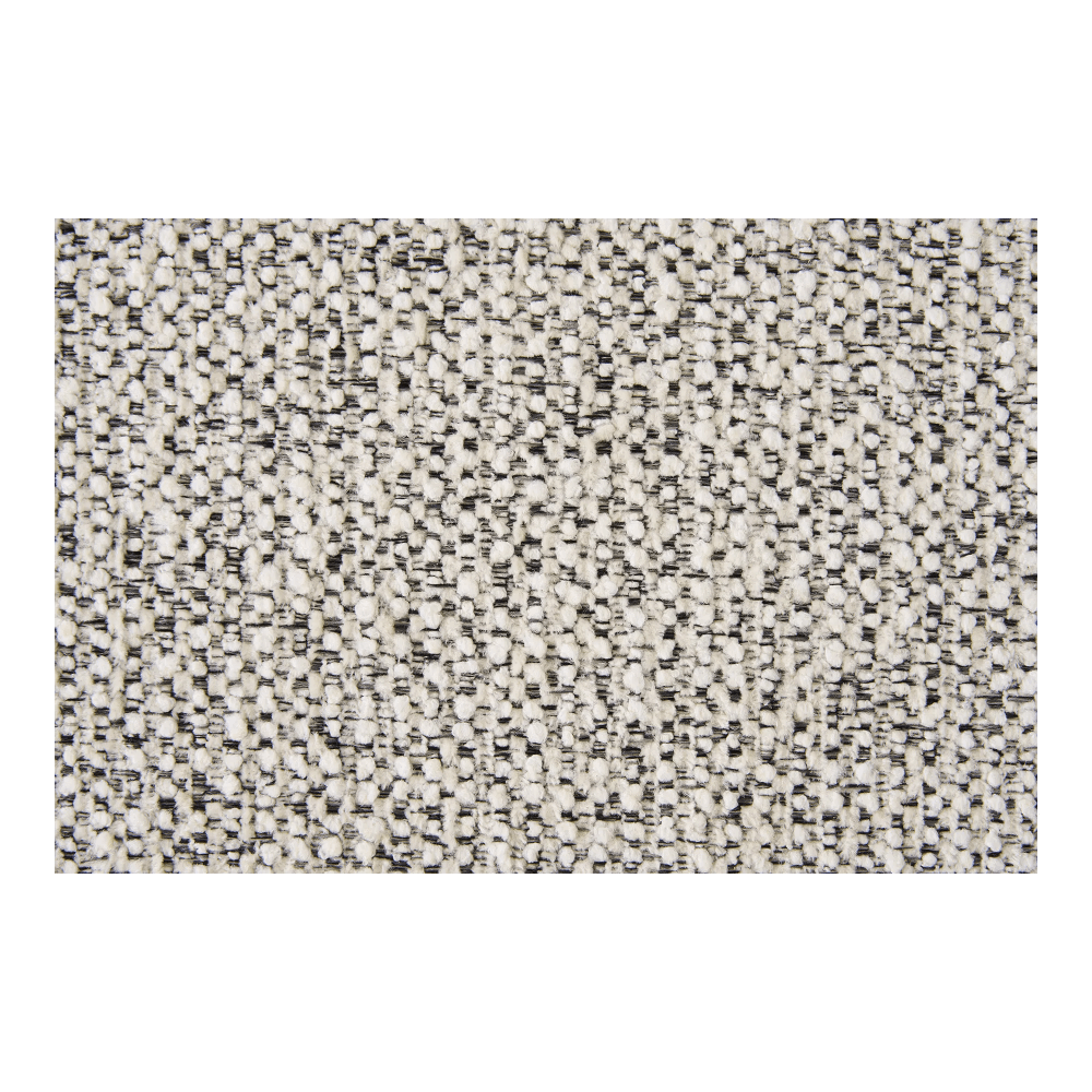 Close-up van de zandkleurige bouclé stof van de Trivio eetkamerstoel, met zichtbare textuur en kwaliteit. House Nordic.