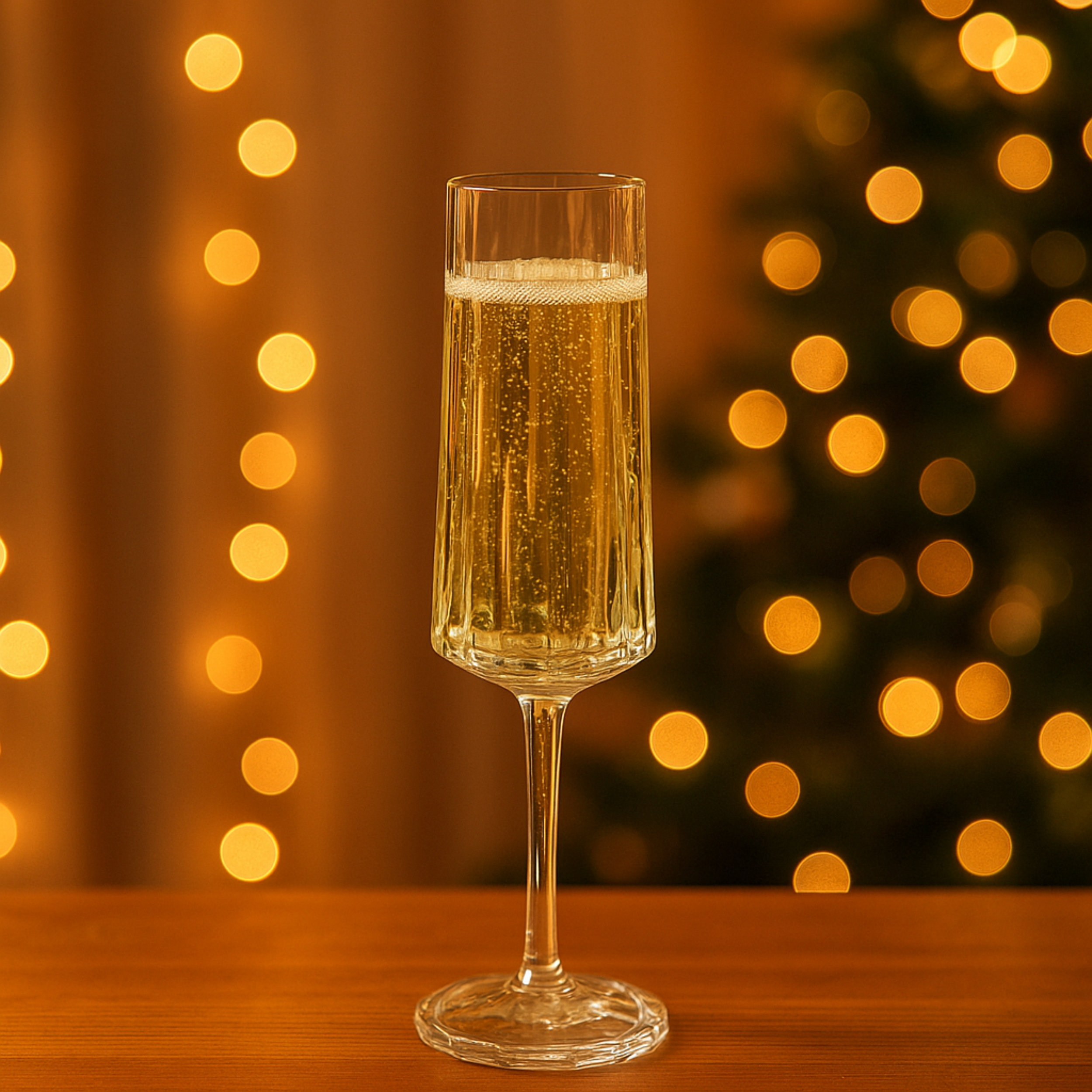 Elegante champagneflûte gevuld met bruisende champagne op een houten tafel, met warme gouden lichtjes en een feestelijke achtergrond.