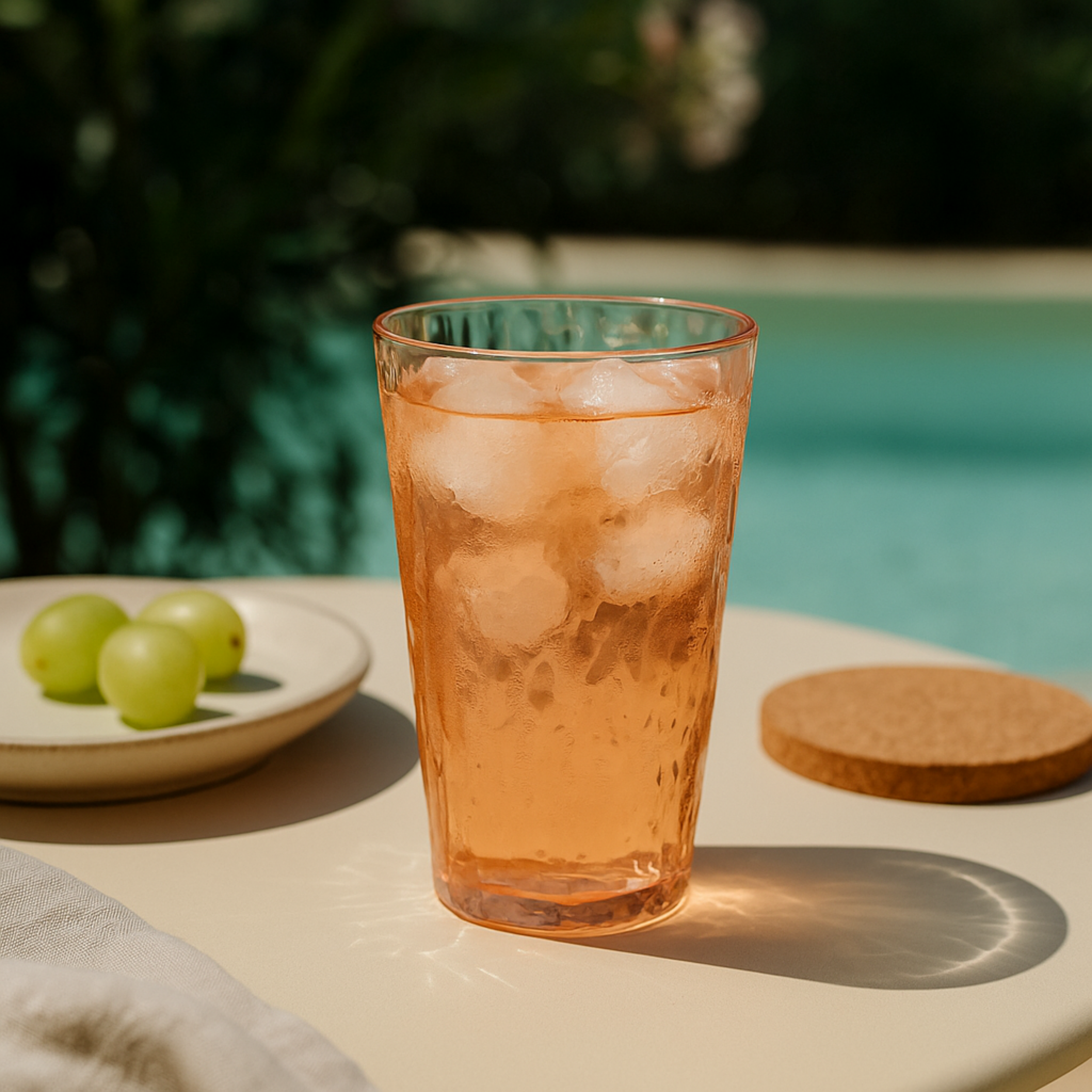 Koziol oranje drinkglas 300 ml gevuld met ijsdrank, ideaal voor buitengebruik bij zwembad of tuinfeest