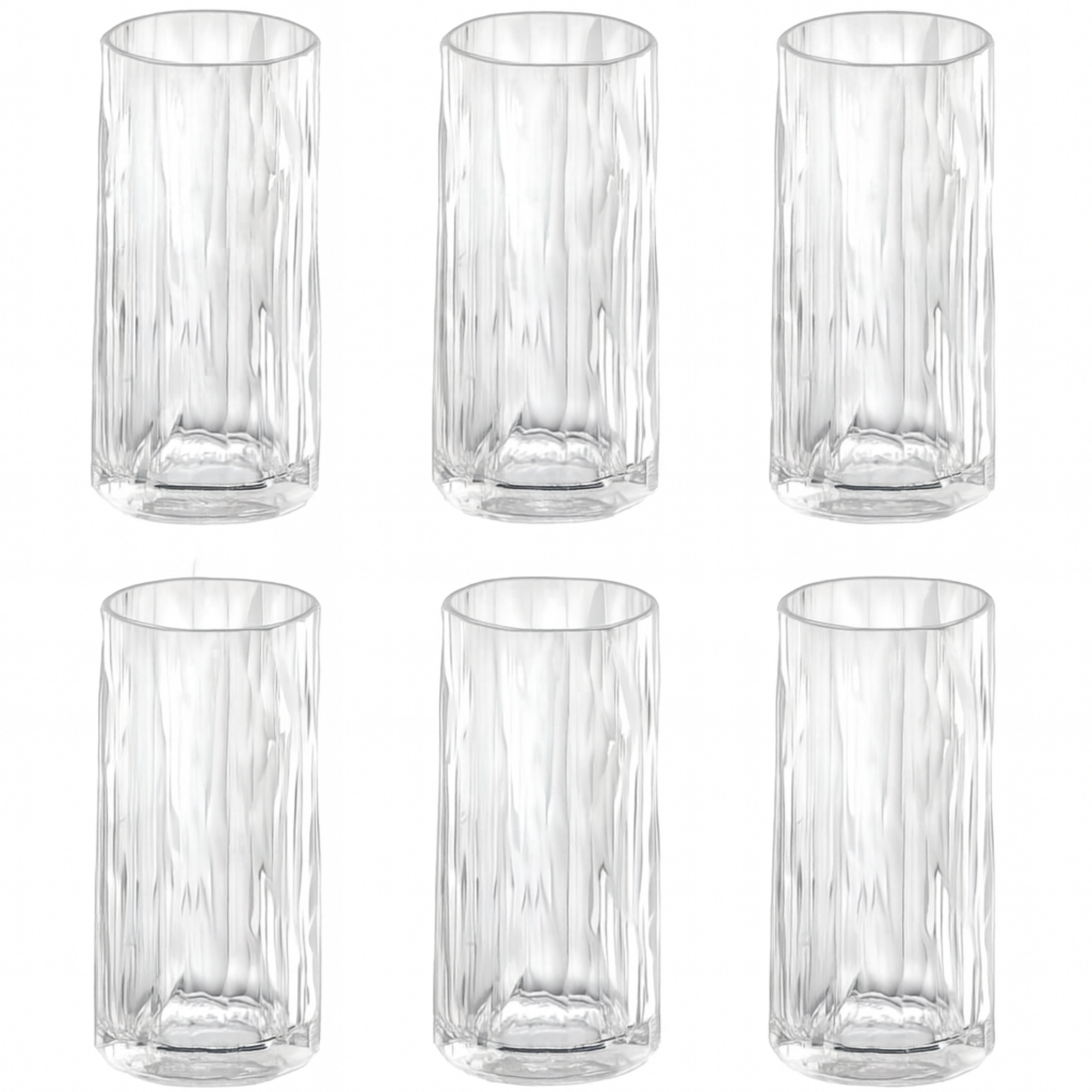 Set van 6 Koziol Superglas longdrinkglazen 300 ml – stapelbaar, breukvrij en duurzaam.