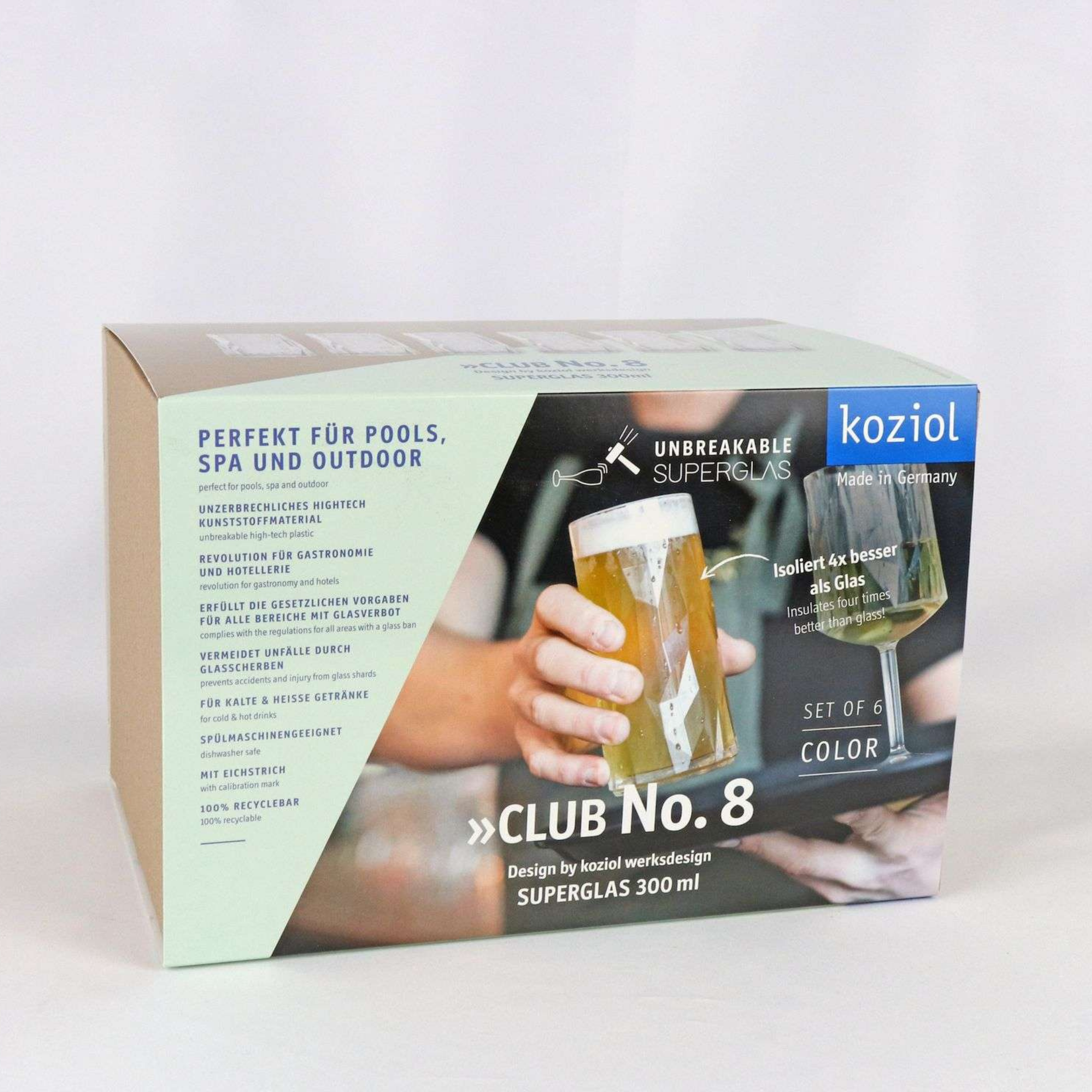 Verpakking Koziol Superglas Club No. 8 – set van 6 duurzame longdrinkglazen 300 ml.