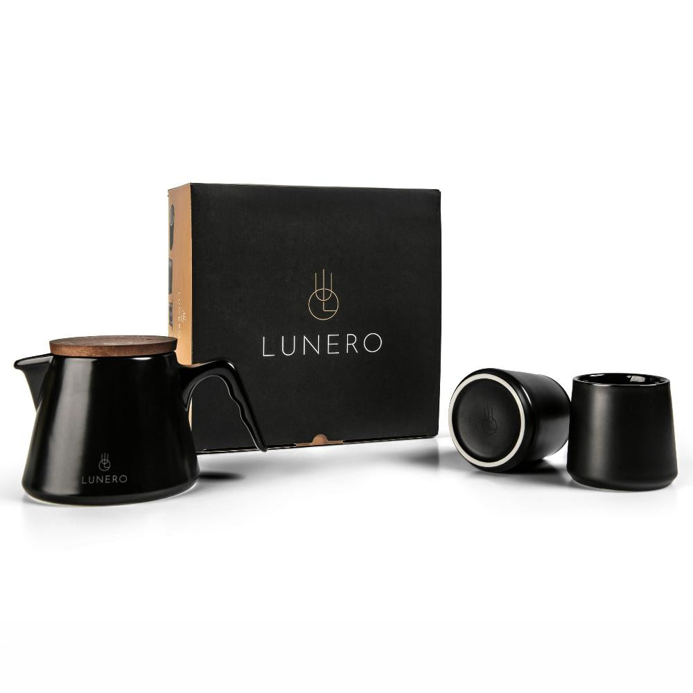 Lunero Design Theeset Zwart – complete set met theepot, 2 kopjes en luxe geschenkverpakking.