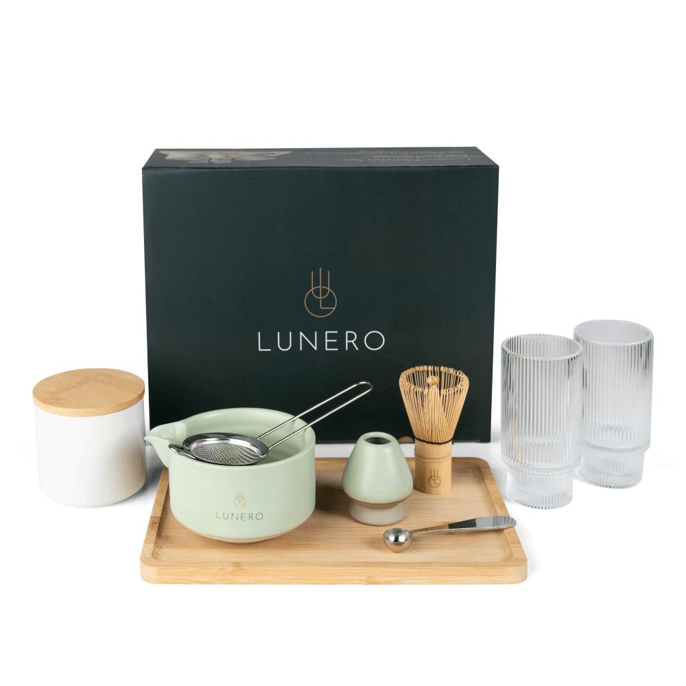 Lunero Matcha set compleet – 9-delige ceremoniële set met kom, whisk, glazen en plateau.