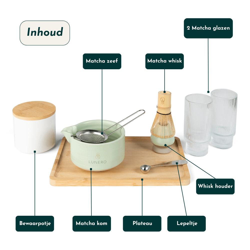 Inhoud van de Lunero Matcha set – kom, whisk, glazen, zeefje, bewaarpotje en serveerplateau.