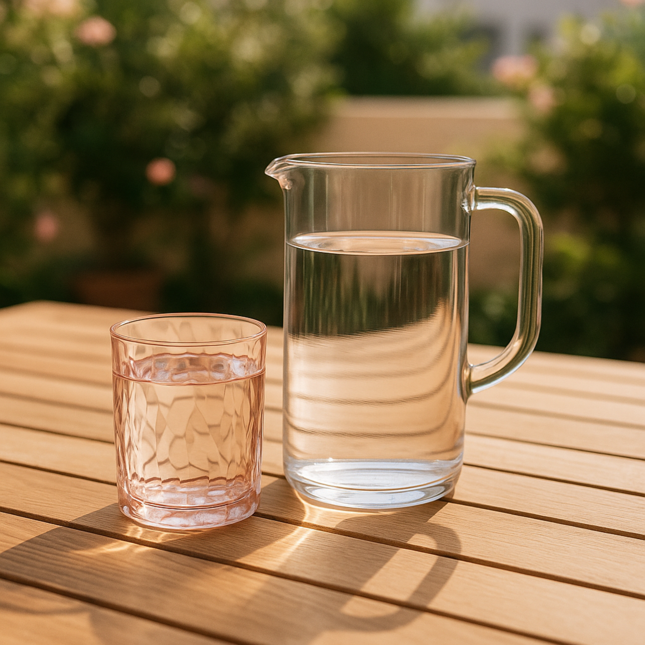 roze waterglas 250 ml Koziol Club No. 2 – sfeervolle buitenopname naast waterkan