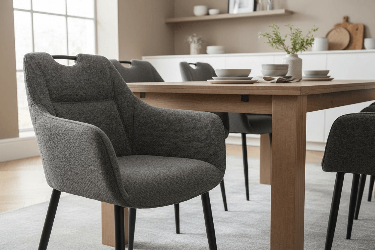 RV Design Adele armstoel in antraciet met Retro Bliss stof, geplaatst aan een houten eettafel in een moderne eetkamer.