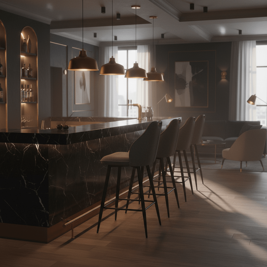 RV Design Adele barkrukken in antraciet Retro Bliss stof aan een luxe hotelbar met zwart marmeren bar.