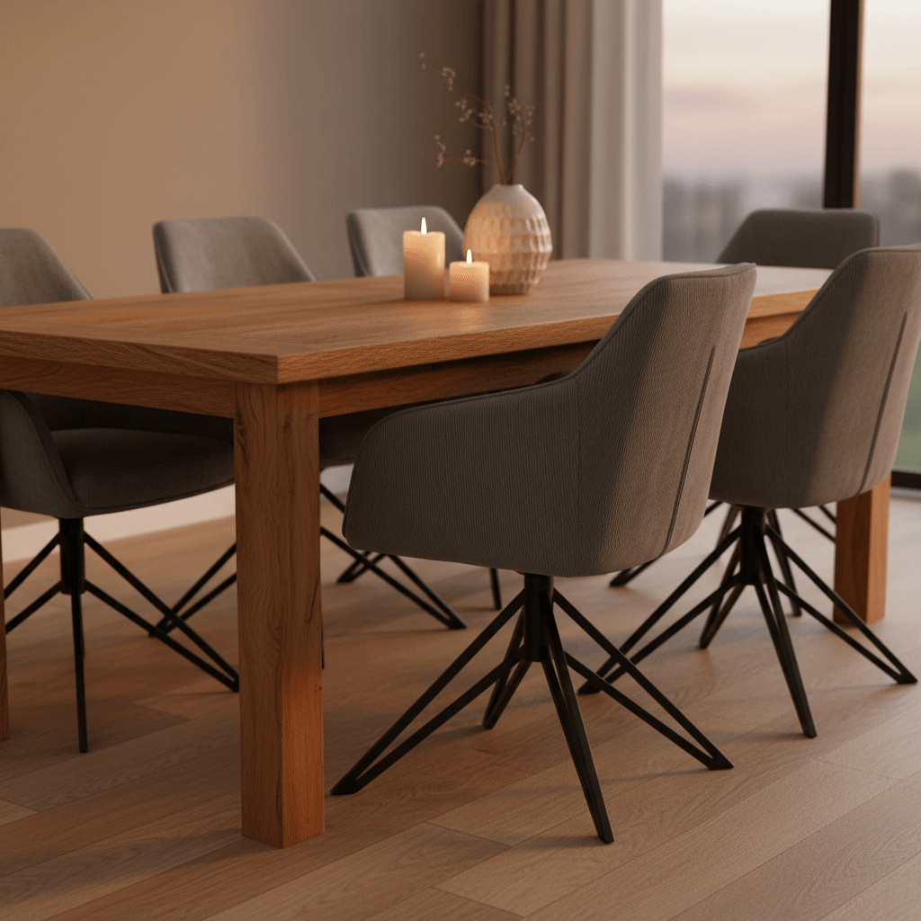 RV Design Blues armstoelen in antraciet ribstof rond een houten eettafel in een warme, gezellige eetkamer.