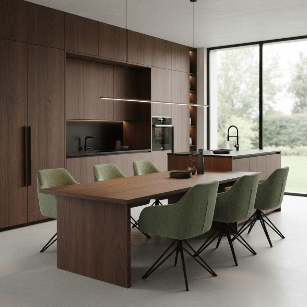 RV Design Blues armstoelen in groene ribstof met draaivoet rond een houten eettafel in een moderne keuken.