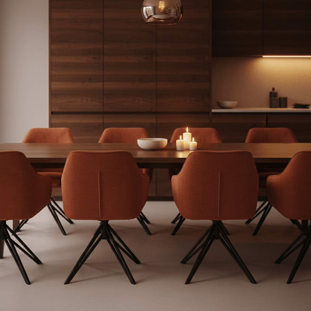 RV Design Blues armstoelen in koperkleurige ribstof met draaivoet rond een luxe eettafel in een warme eetkamer.