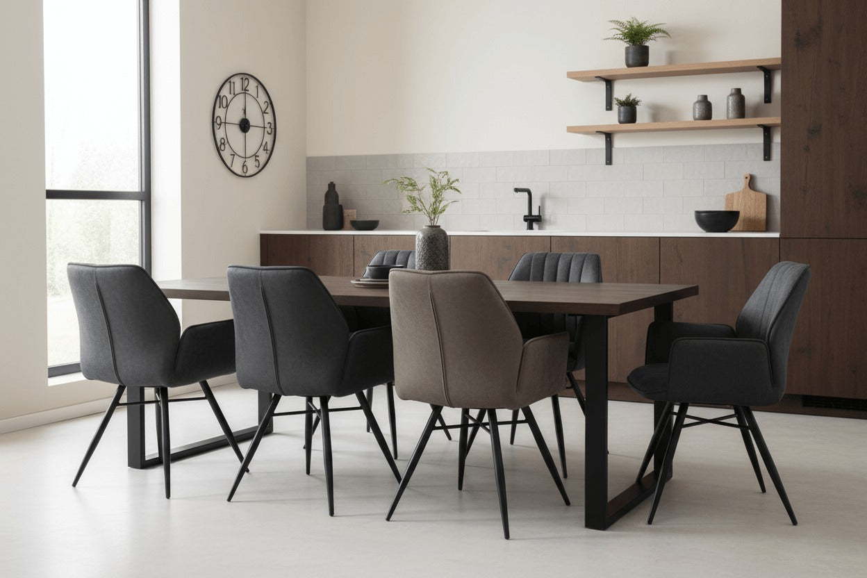 RV Design Clark armstoelen in een Japandi keukeninterieur met houten eettafel en rustige, moderne uitstraling.