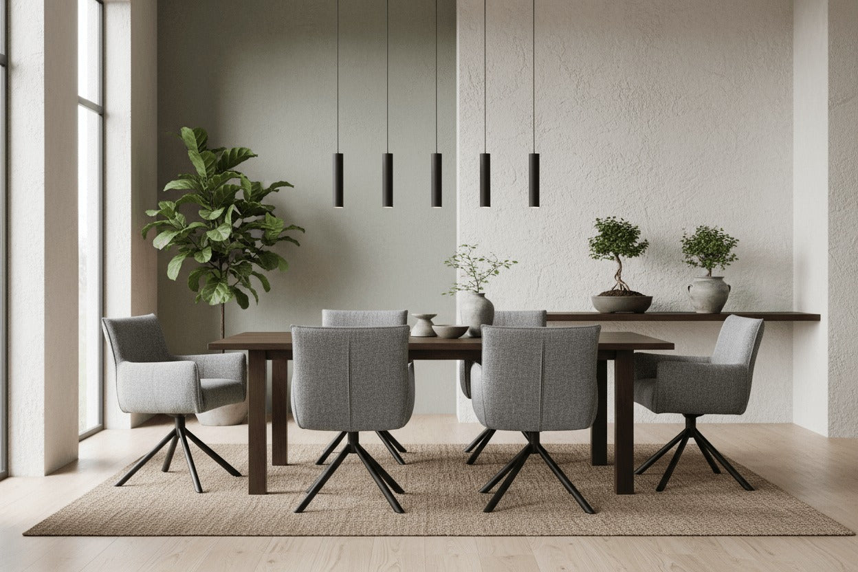 RV Design Focus armstoelen in grijze Oasis stof rond houten eettafel in Japandi eetkamer met zwart metalen draaivoet.