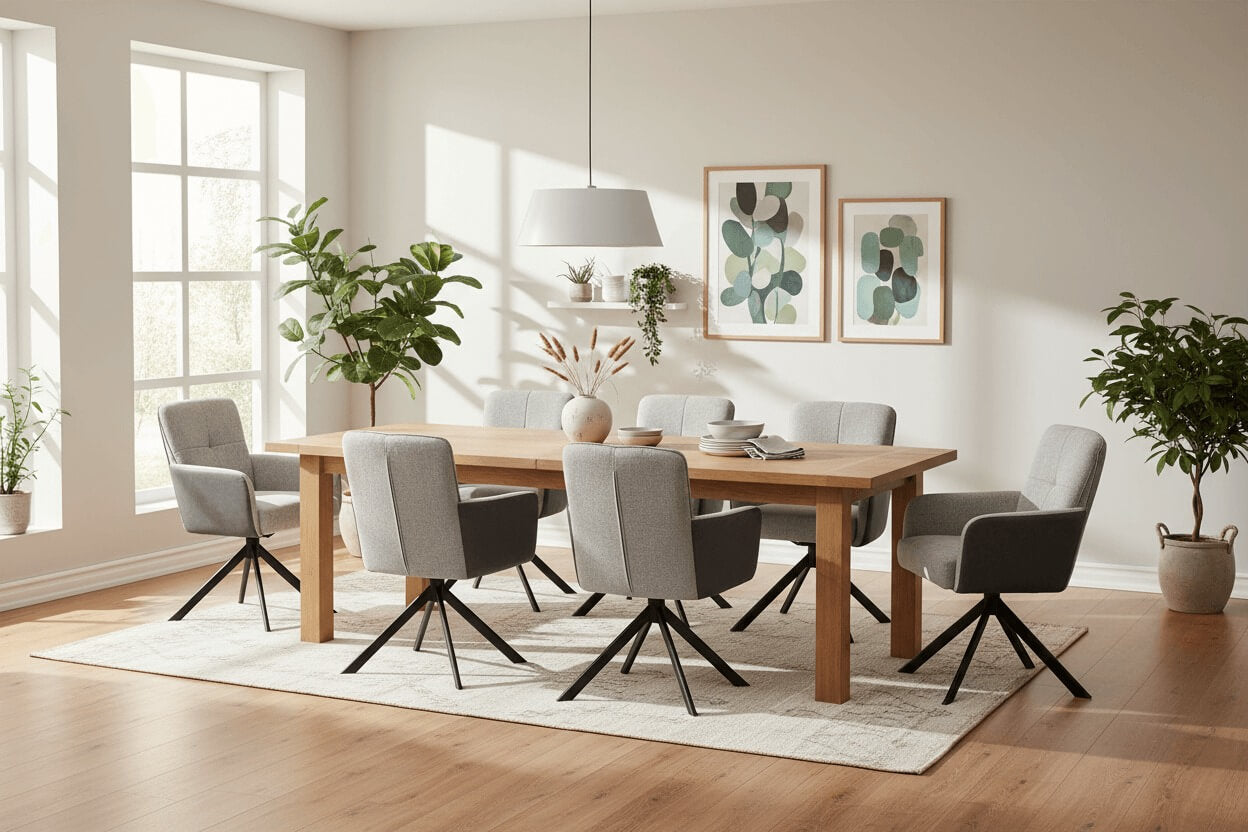 RV Design Fred armstoelen rond een houten eettafel in een moderne eetkamer, 180 graden draaibaar voor comfortabel en stijlvol dineren.