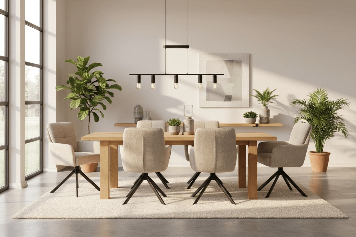 RV Design Fred armstoelen in een moderne eetkamer met houten eettafel, 180 graden draaibaar voor comfortabel en stijlvol dineren.