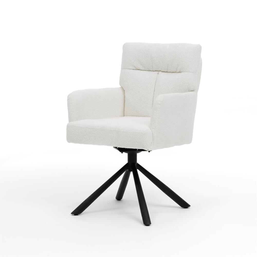 RV Design Fresco armstoel in ivoorkleurig teddy stof met zwarte metalen draaivoet, comfortabele eetkamerstoel met armleuningen.