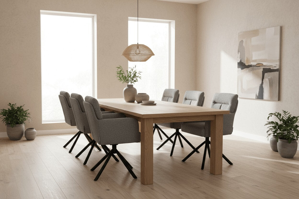 RV Design Fresco armstoelen rond houten eettafel in moderne eetkamer met tijdloos design.