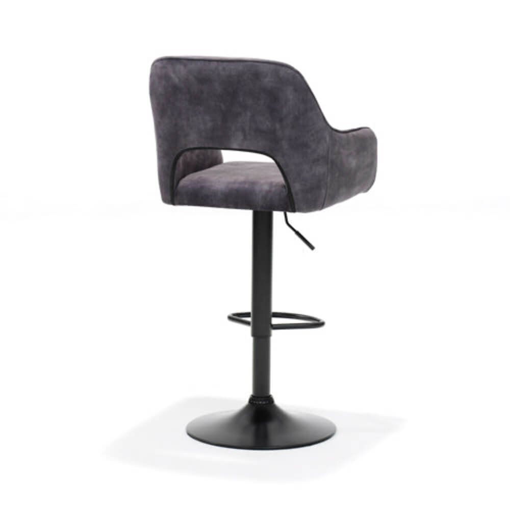 Achteraanzicht van de RV Design Katy barkruk in Aurora velours antraciet met zwart metalen onderstel.