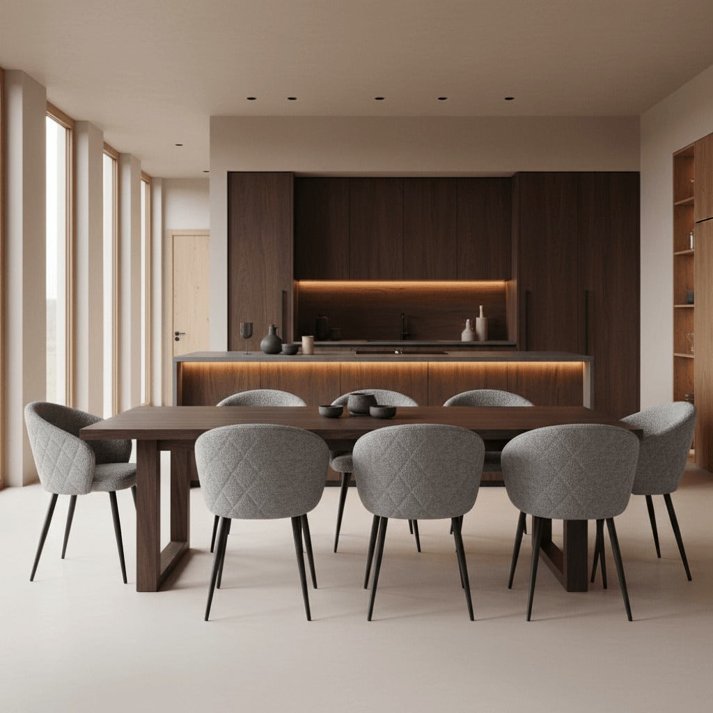 RV Design Kelly stoelen in teddy stof rond een houten eettafel in een luxe open keuken en eetkamer.