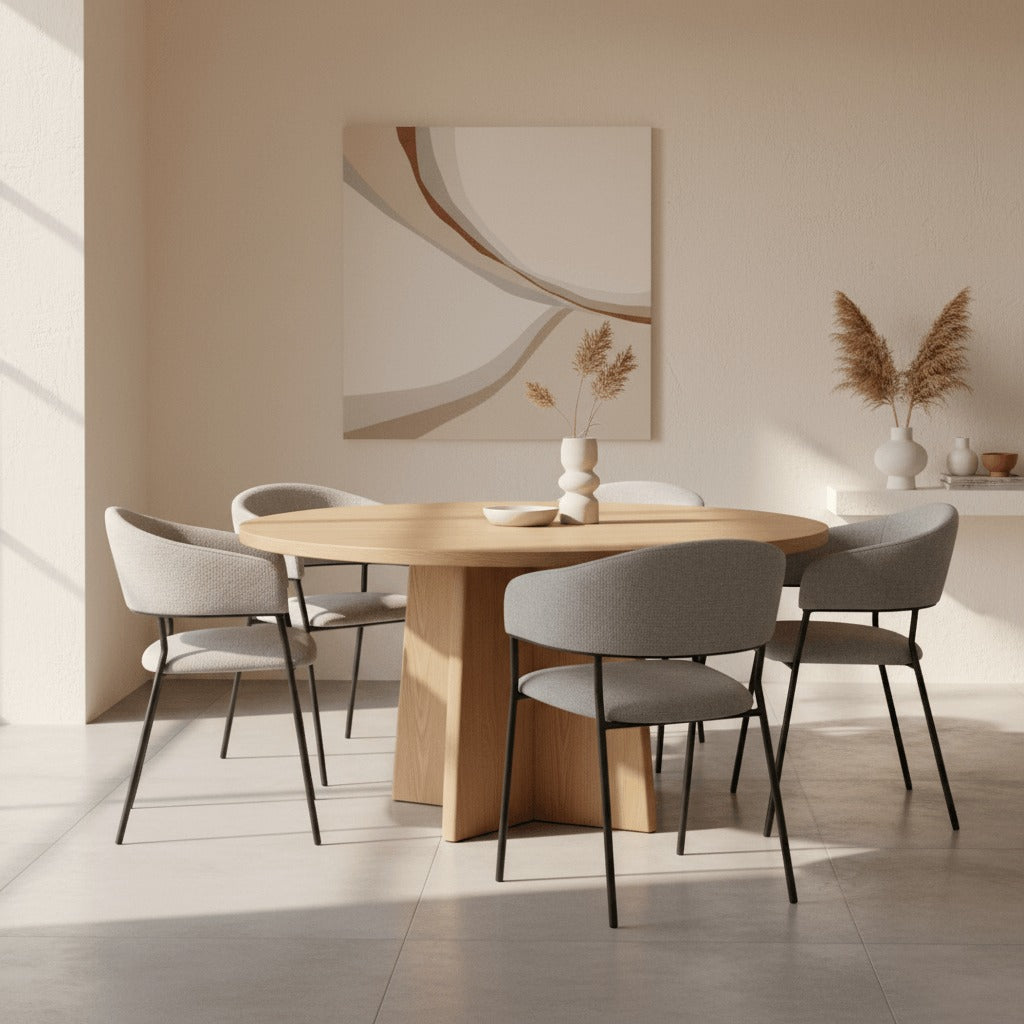 RV Design Liam armstoelen in lichtgrijze stof rond een ronde houten eettafel in een moderne, warme eetkamer.