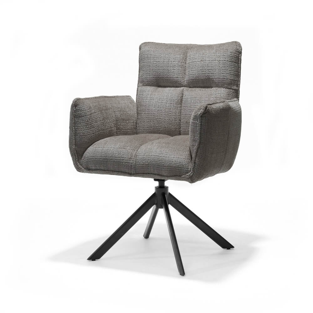 RV Design Nova armstoel in donkergrijs Cremona stof met zwarte metalen draaivoet en comfortabele armleuningen.