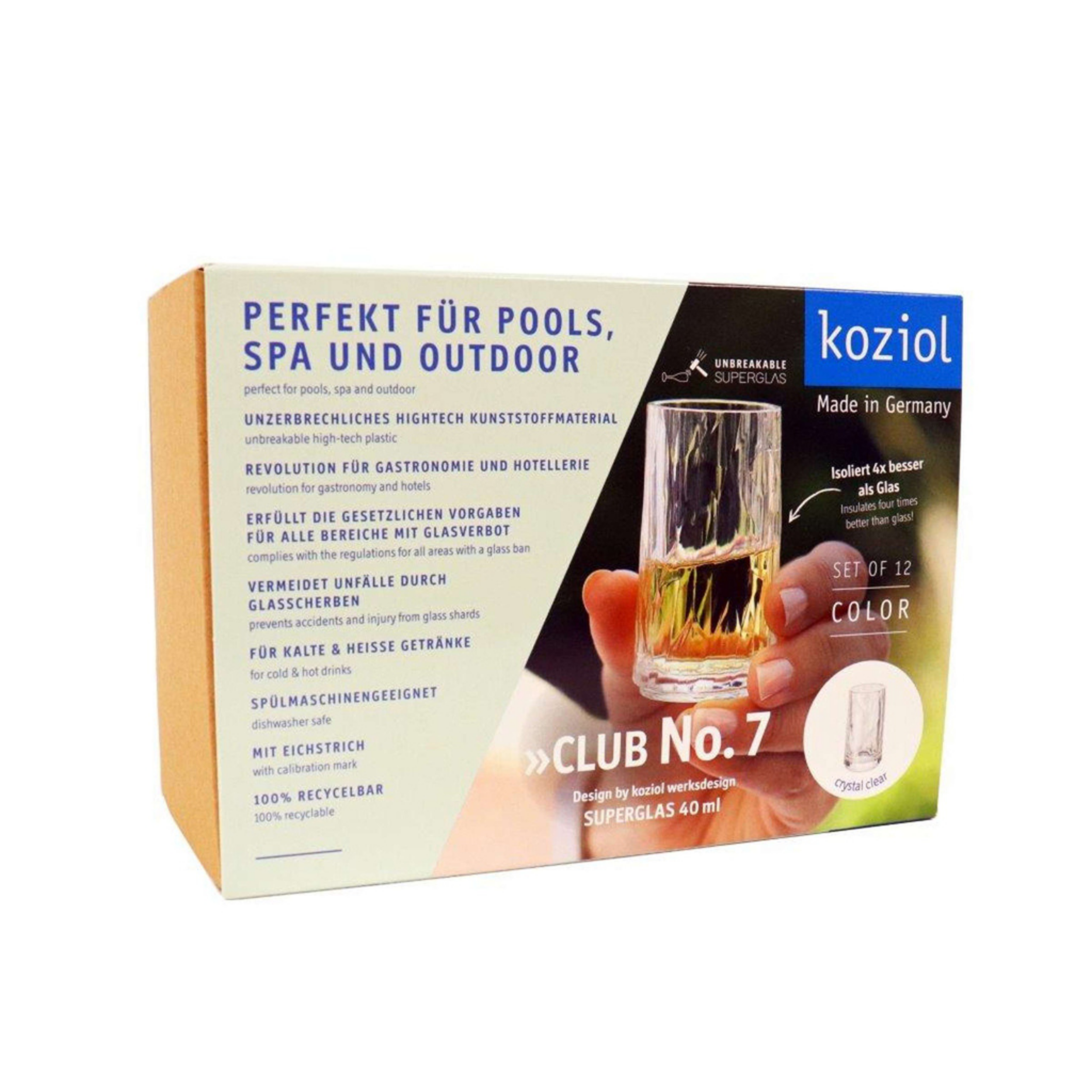 Verpakking van Koziol Club No. 07 shotglaasjes van 40 ml, set van 12 stuks, duurzaam en vaatwasserbestendig.