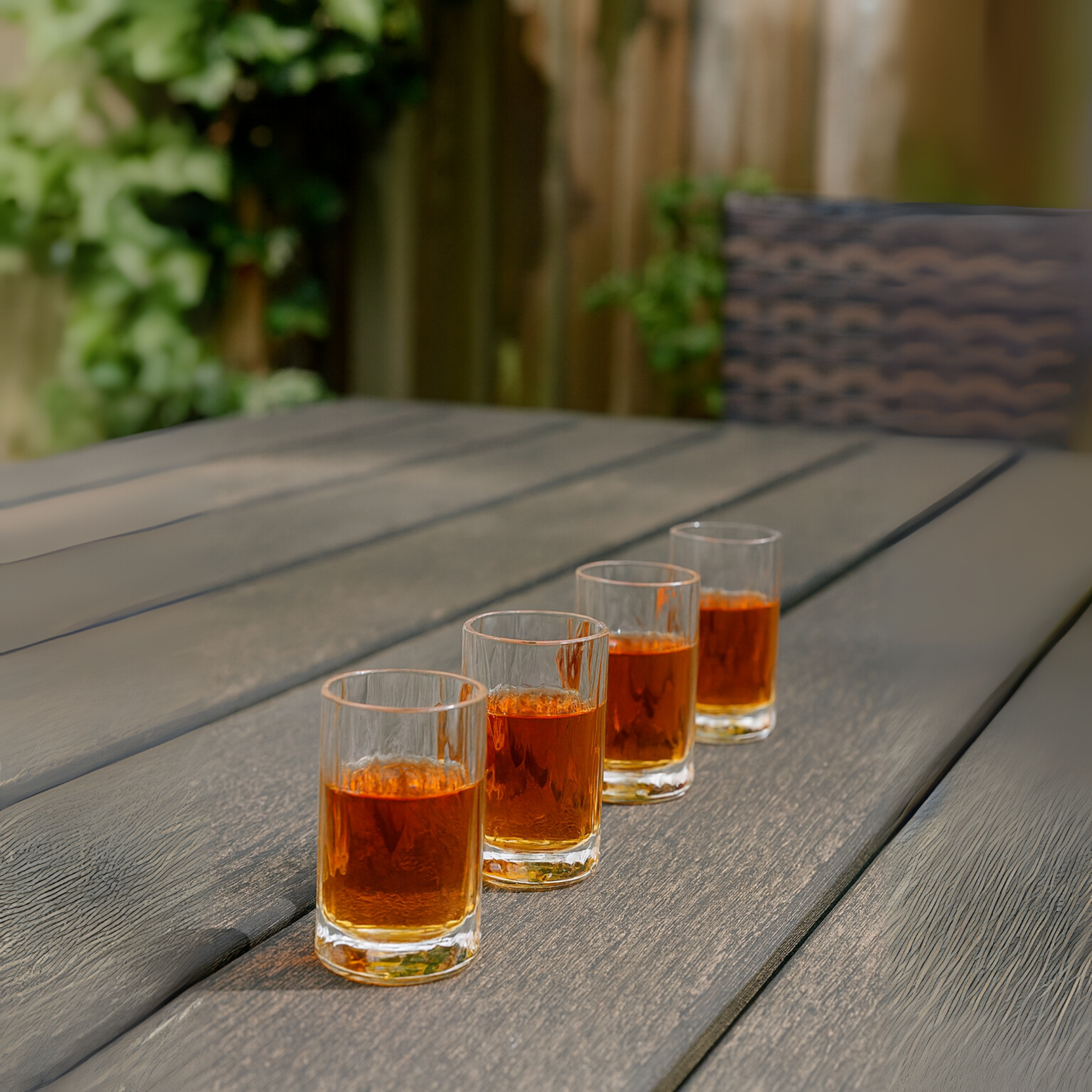 Vier shotglaasjes van 40 ml gevuld met drank, geplaatst op een houten buitentafel, ideaal voor feestjes en borrels.