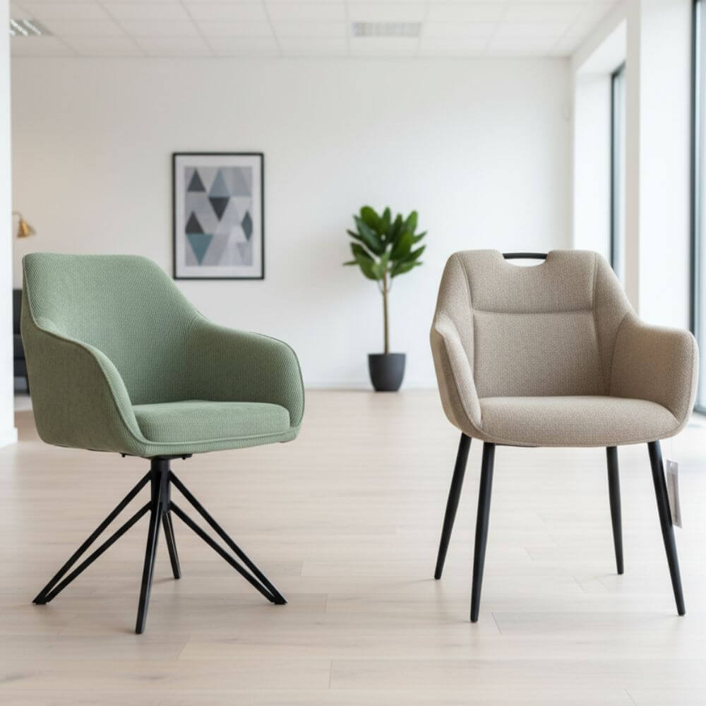 RV Design armstoelen in groen en taupe, stijlvol gecombineerd in een moderne showroom.