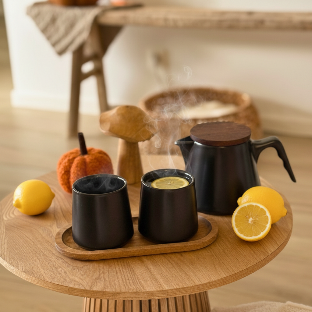 Zwarte keramische theeset met citroen en honing op houten plateau, klaar voor het maken van honing-gember citroenthee.