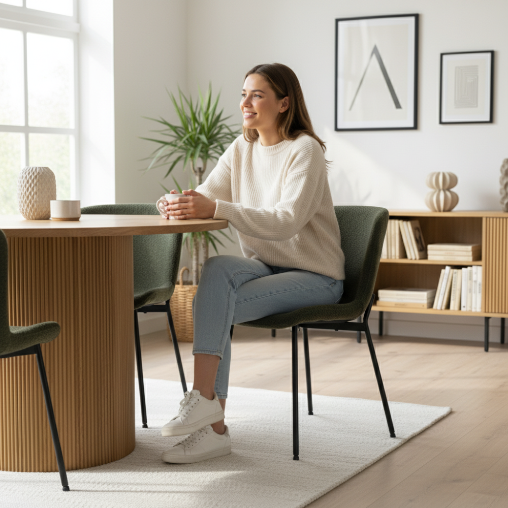 Vrouw zittend op donkergroene bouclé eetkamerstoel Maceda – Scandinavisch interieur