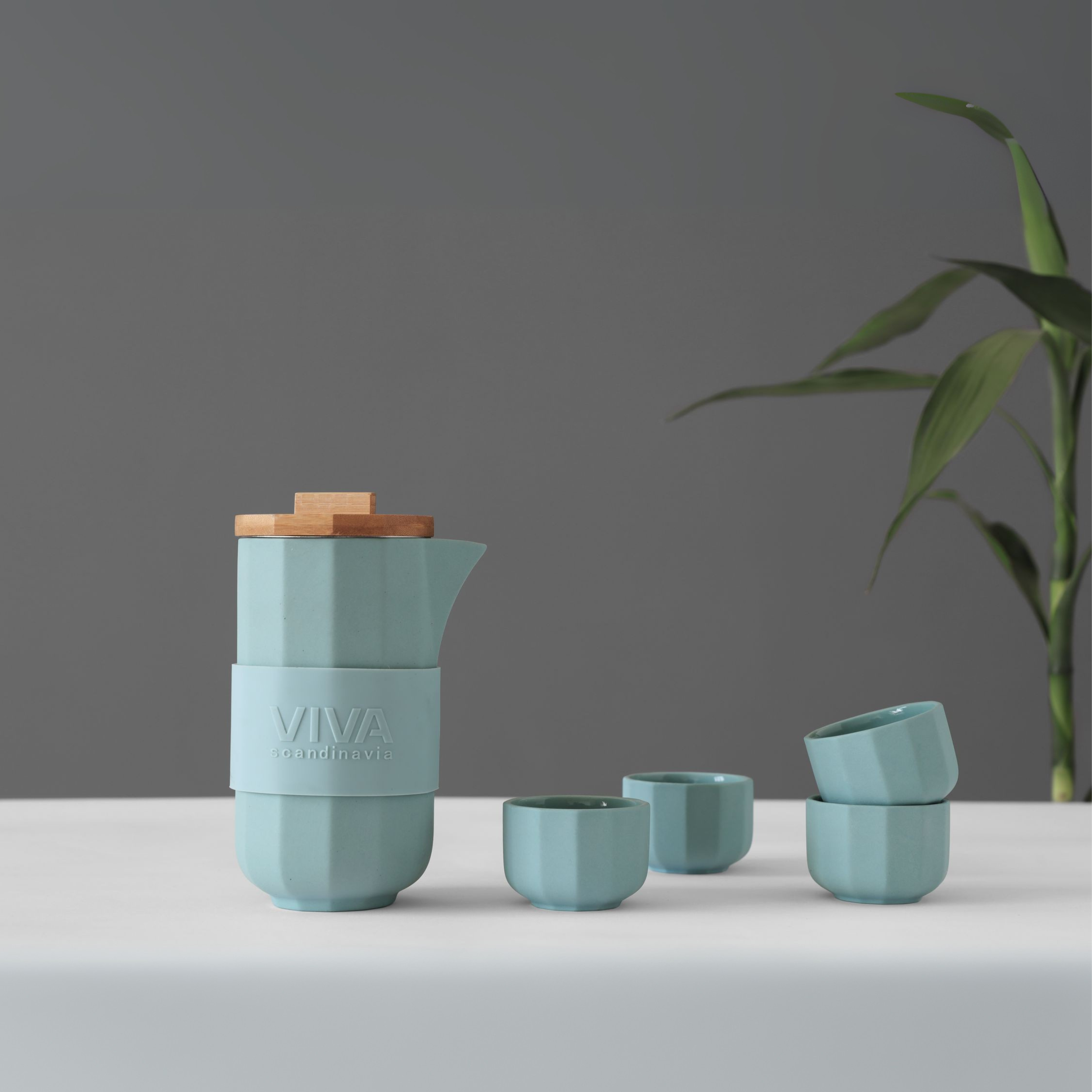 Groene Alexander theeset met kopjes en theepot, Scandinavische stijl op tafel met groene plant.