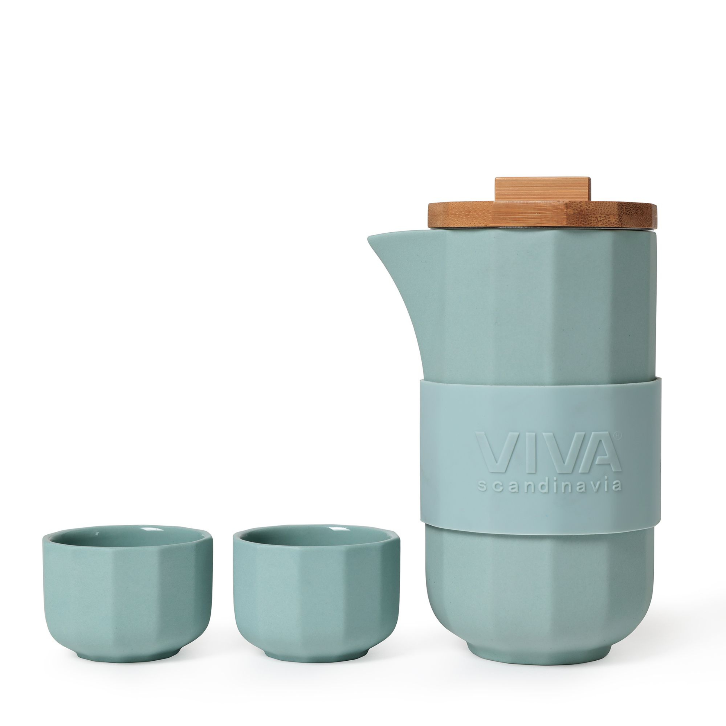 Groene Alexander theeset van Viva Scandinavia met theepot en twee kopjes, minimalistisch Scandinavisch design.