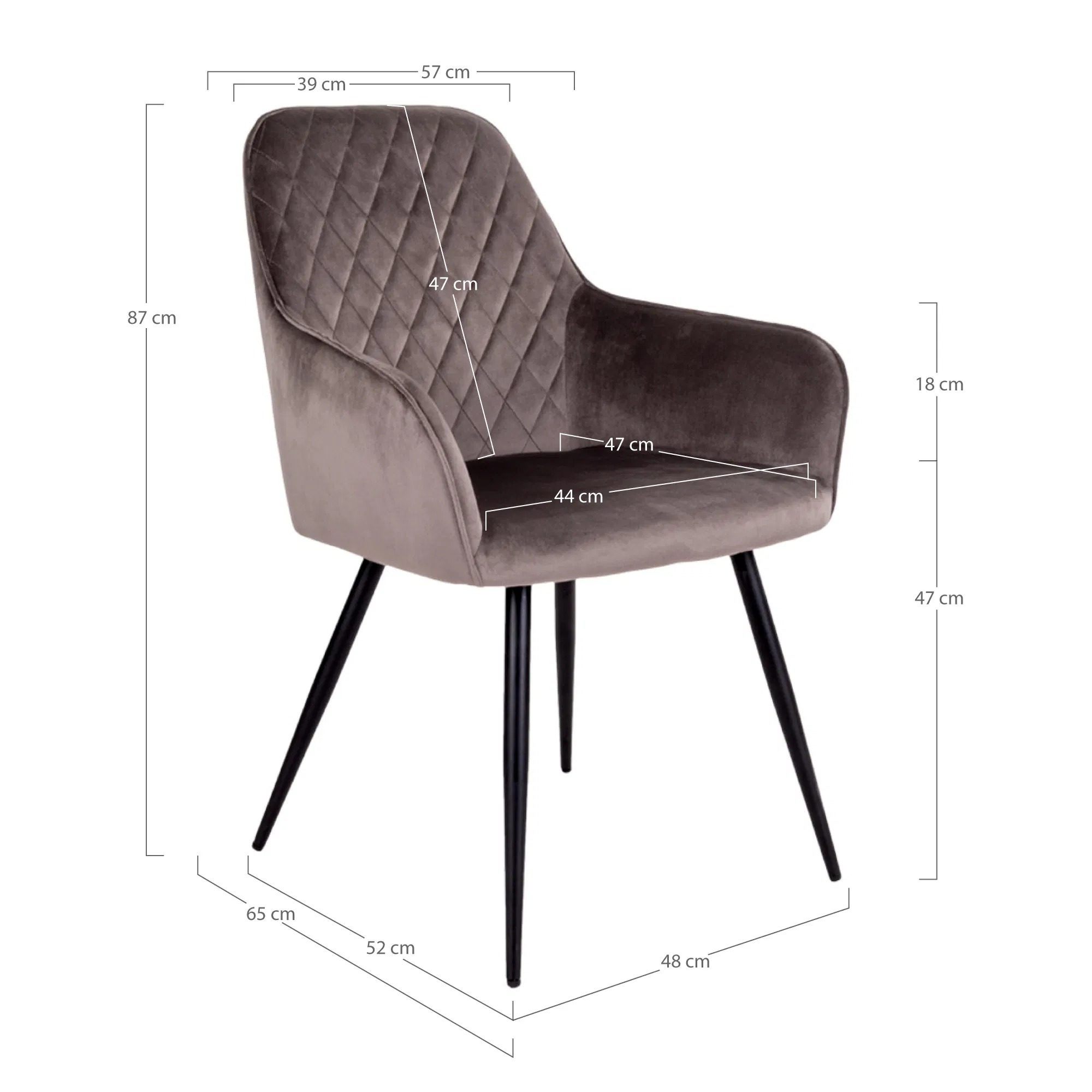 Harbo eetkamerstoel in bruin velvet met zwarte metalen poten – productfoto met afmetingen en ergonomisch design van House Nordic.