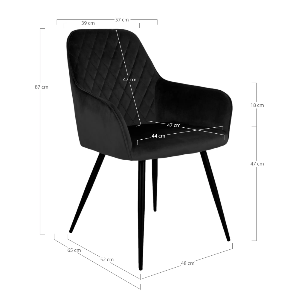 Harbo eetkamerstoel in zwart velvet met zwarte metalen poten – productfoto met afmetingen en ergonomisch design van House Nordic.