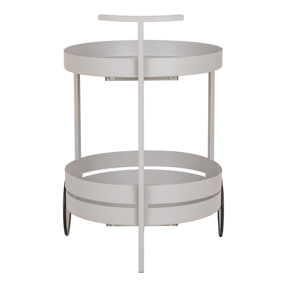 Vooraanzicht van de House Nordic Beja serveerwagen in grijs staal – moderne ronde drankentrolley met twee plateaus en minimalistisch Scandinavisch design.