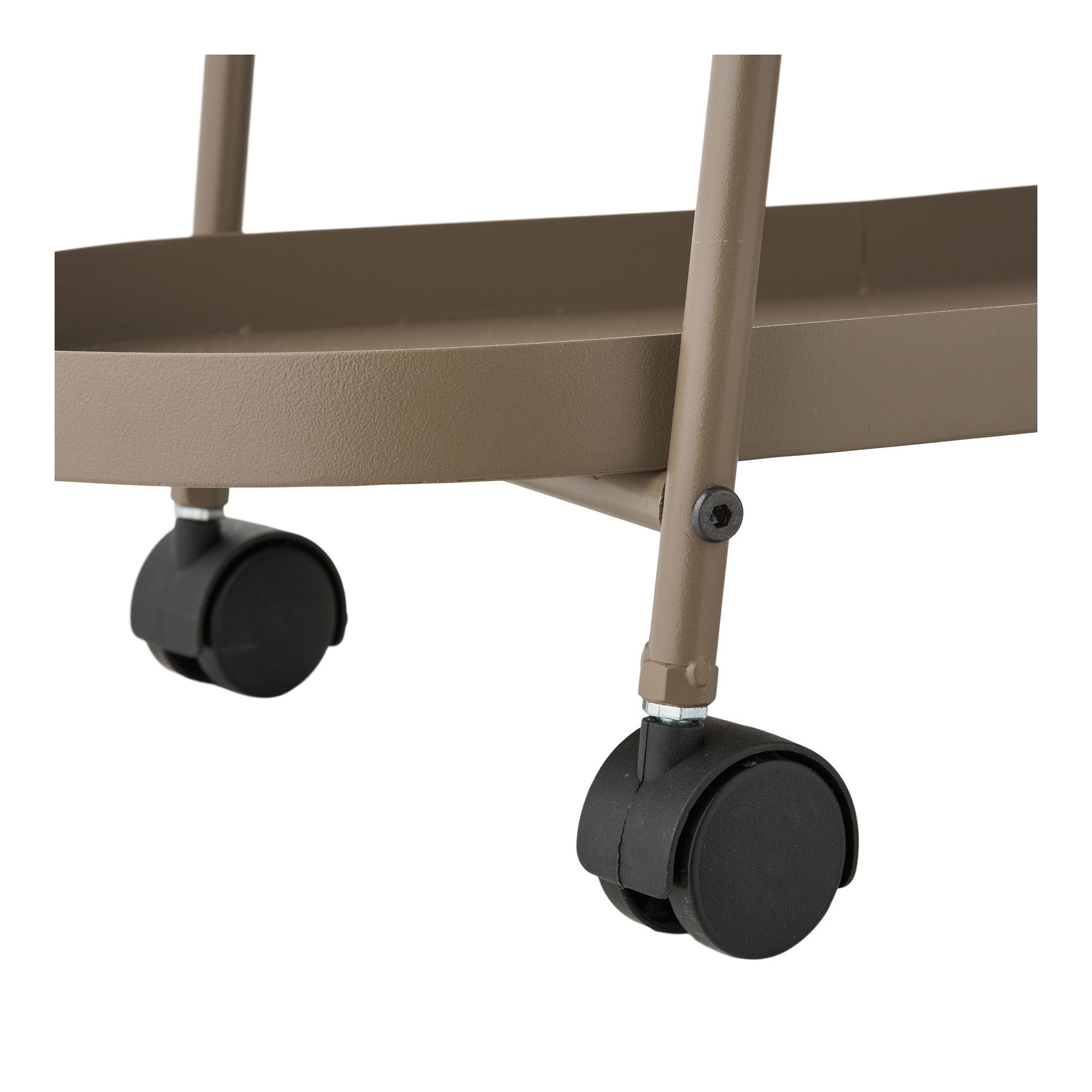 Detail van de wielen van de House Nordic Empoli serveerwagen in bruin staal – stevige draaibare wielen voor eenvoudig verplaatsen.